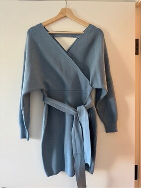 Wrap-Style Knit Belted Sweater Dress in Light Blue